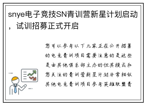 snye电子竞技SN青训营新星计划启动，试训招募正式开启