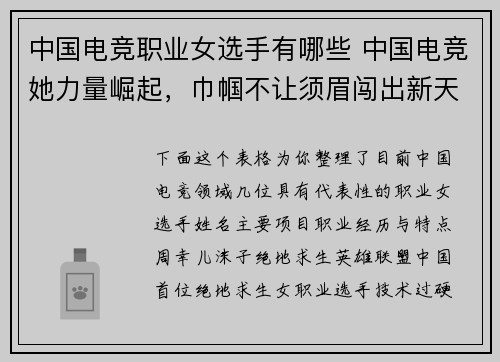 中国电竞职业女选手有哪些 中国电竞她力量崛起，巾帼不让须眉闯出新天地
